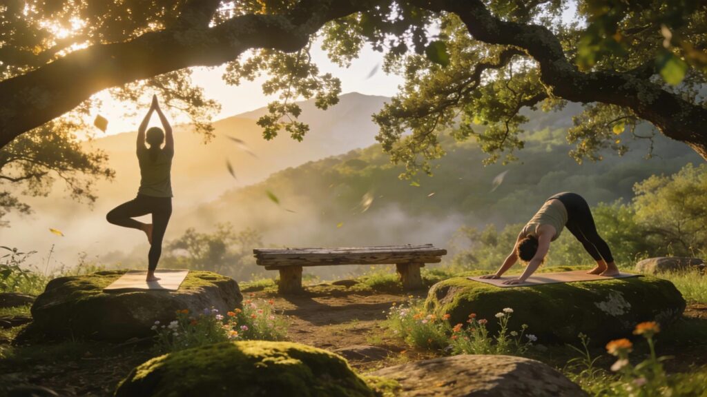 Yoga practitioners in natural setting illustrating authentic yoga techniques for holistic mind-body wellness