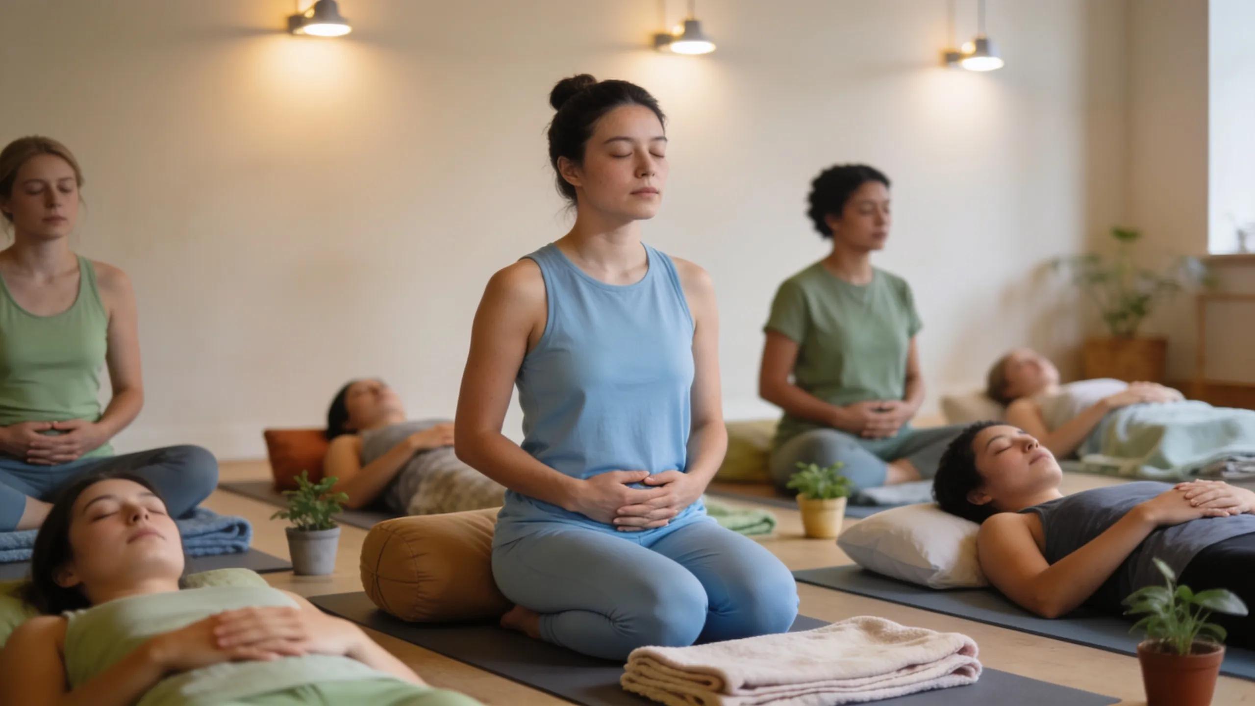 Participants engaged in breathwork workshop, illustrating the benefits of breathing techniques in yoga practice